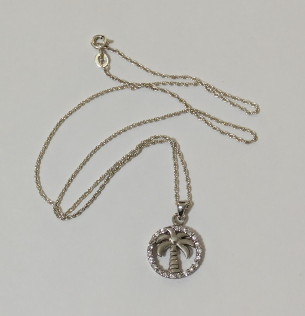 925 Sterling Silver Palm Tree with Crystals and 18″ Sterling Silver Rope Chain