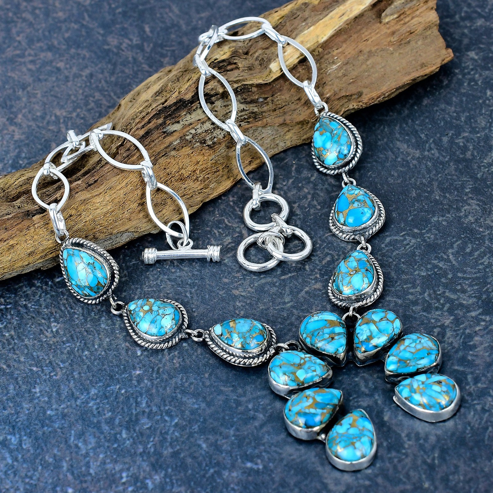Copper Blue Turquoise Gemstone Handmade 925 Sterling Silver Jewelry Necklace