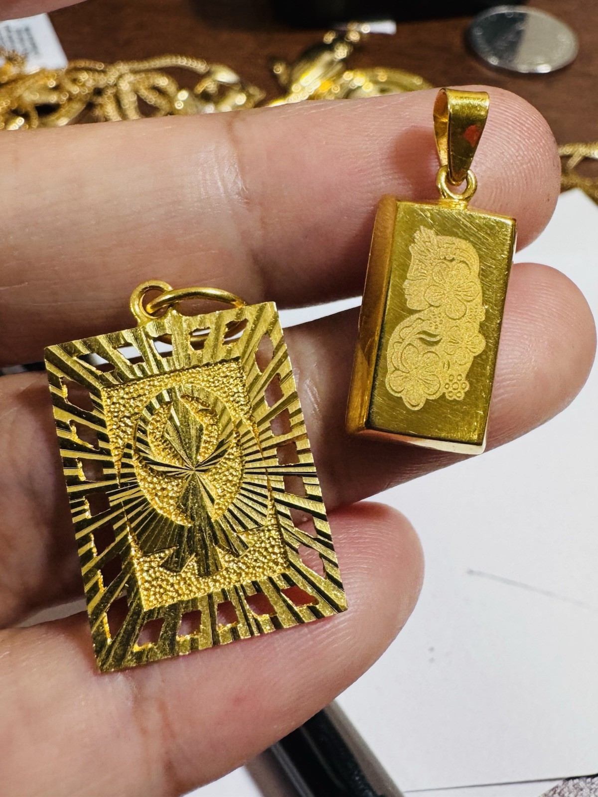 Gold 22K Solid 916 Real Gold Two Set (2) Bar/ Sikh Allah Devine Pendant 5.2g