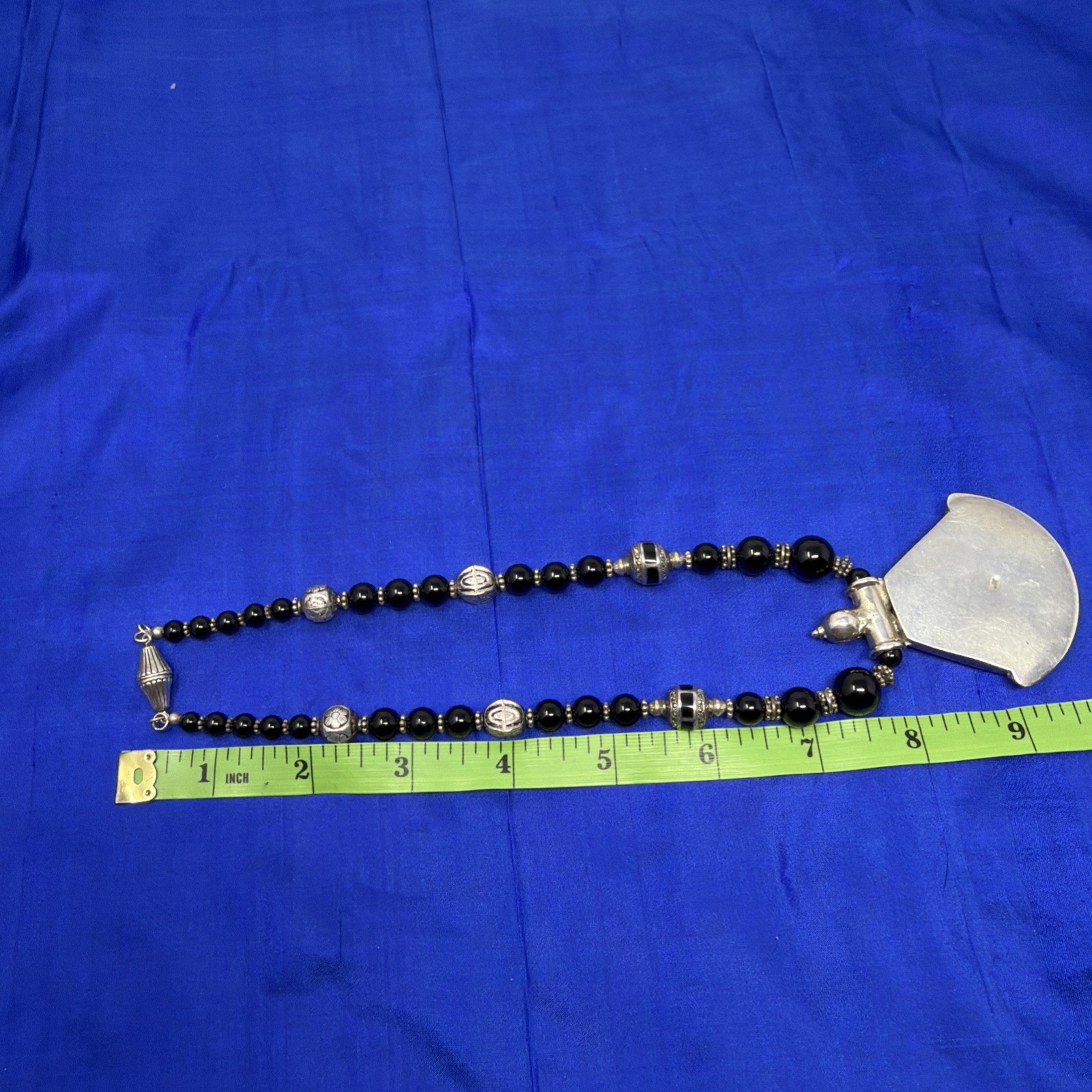 Sterling Silver 925 Black Onyx Beaded Bali Bead Necklace Large Pendant 17” 82.3g