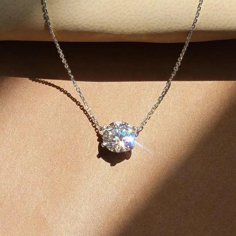 3Ct Round Cut Solitaire Moissanite Necklace 14k Gold Plated Gift for Her 18 Inch