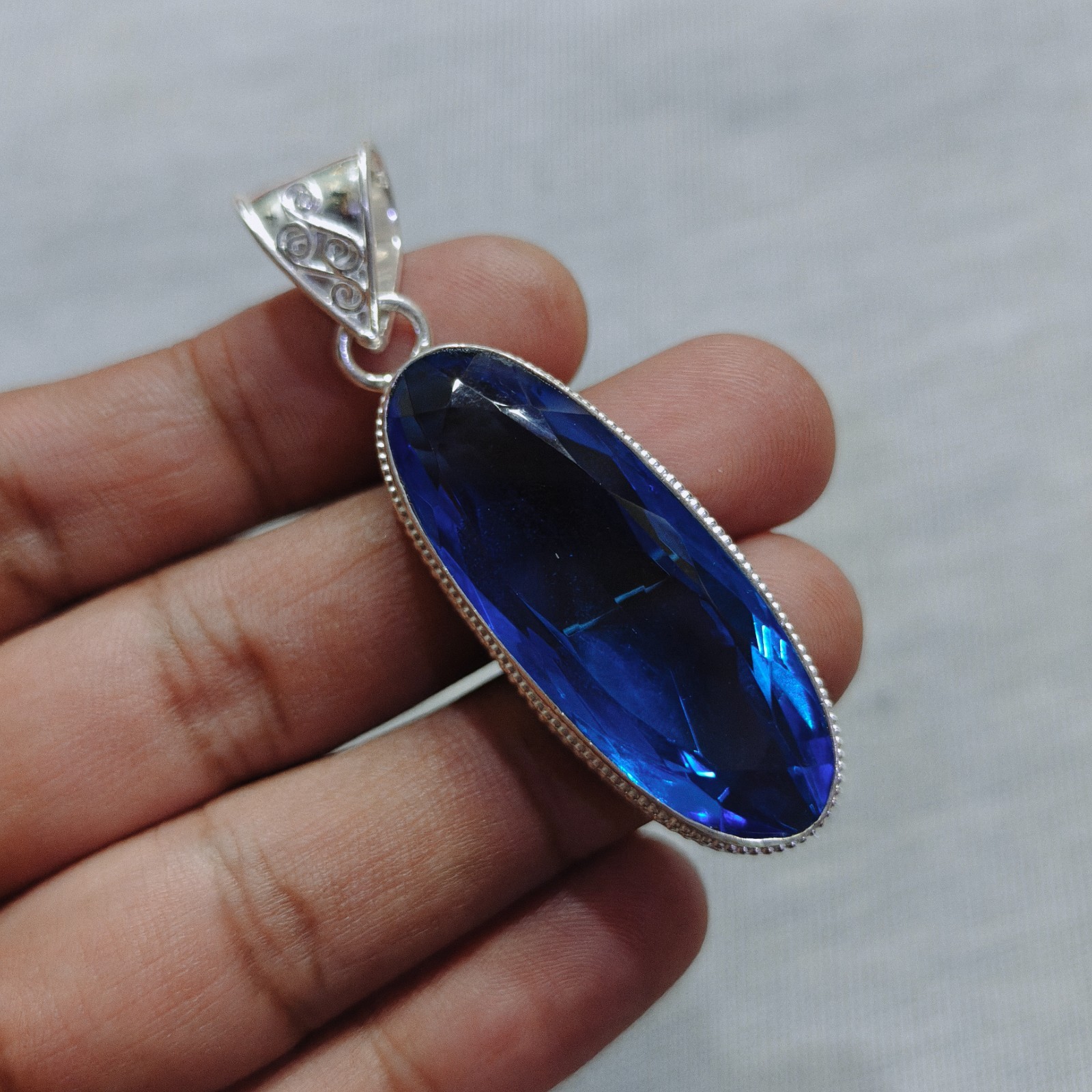 Natural Blue Tanzanite Quartz Pendant 925 Sterling Silver Handmade Gemstone Jewe