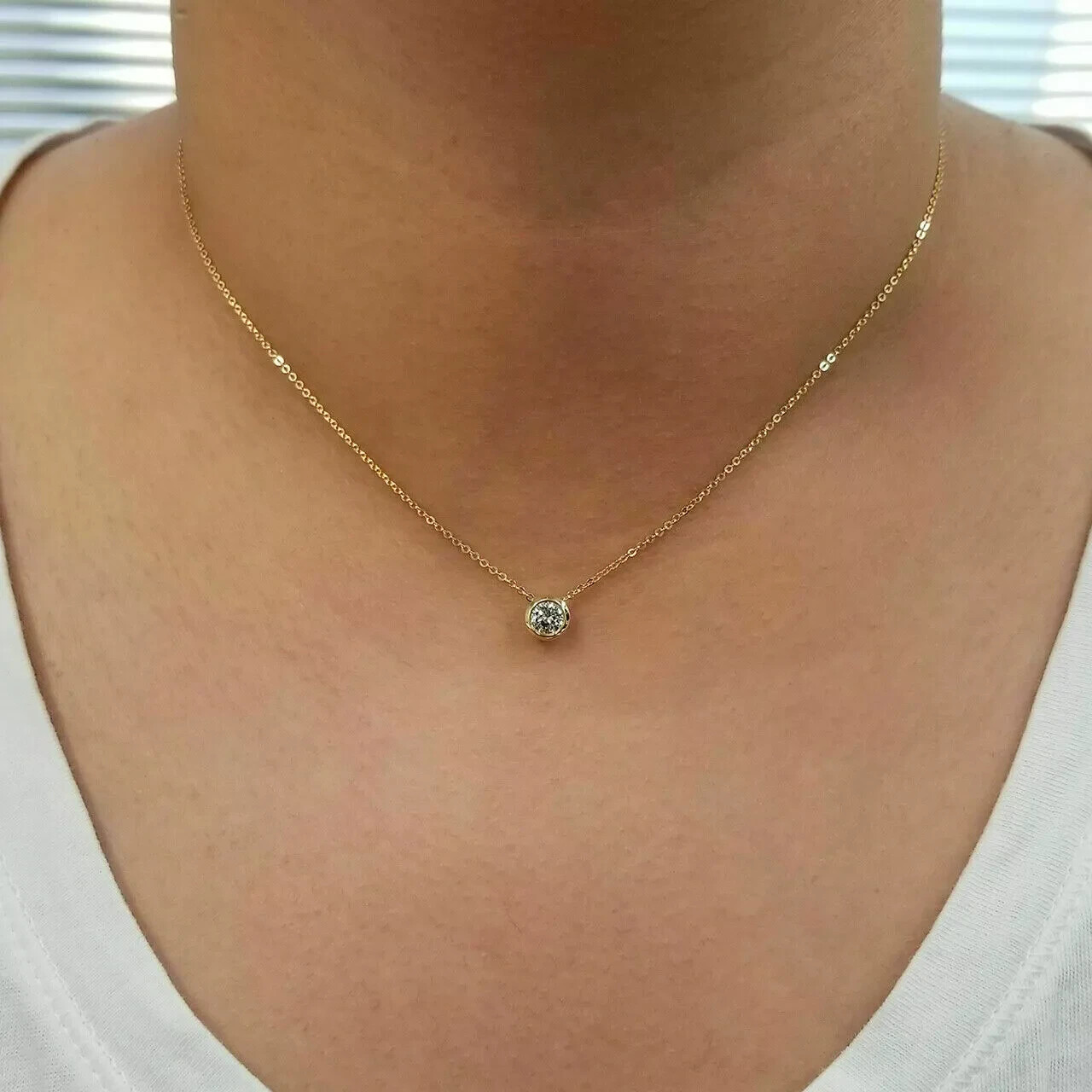 Solid 14K Yellow Gold Over 1.00 Ct Diamond Round Cut Solitaire Pendant Necklaces