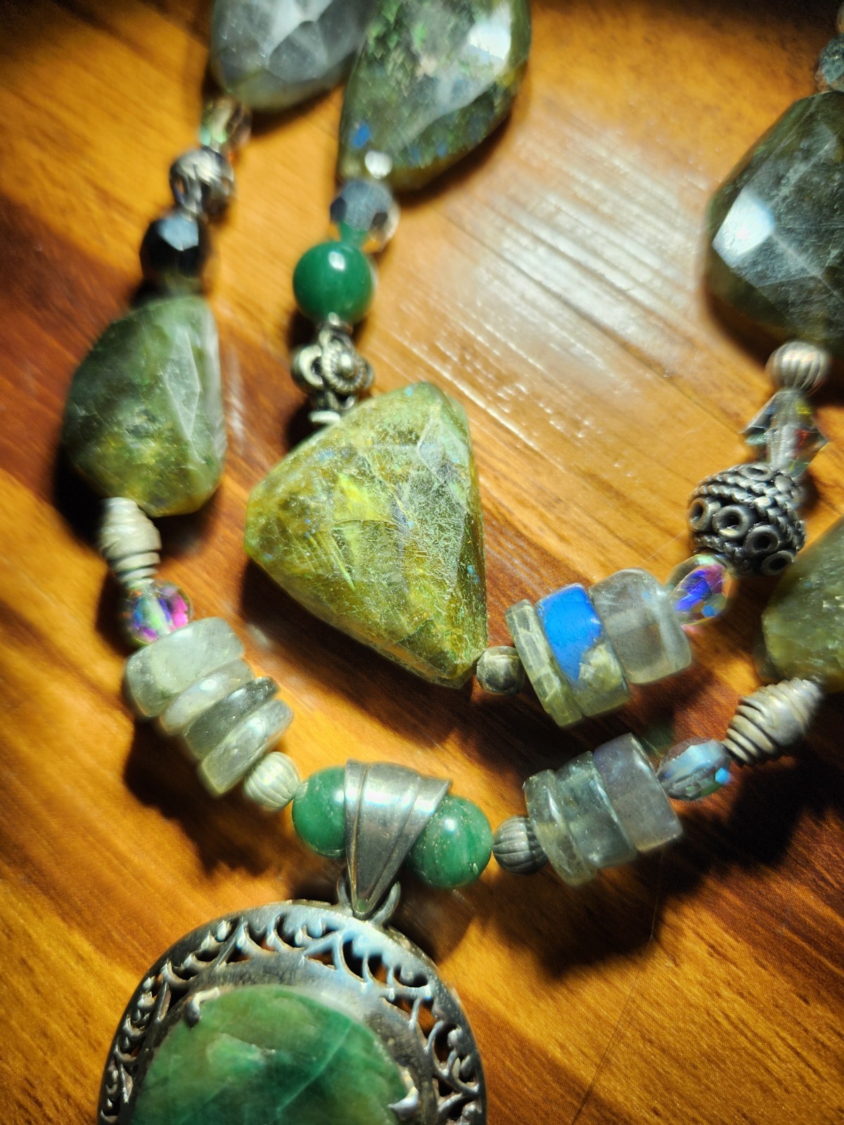 Hand Cut Rock Crystal Smoky Green Blue Quartz Necklace Sterling 925 Classy Beads