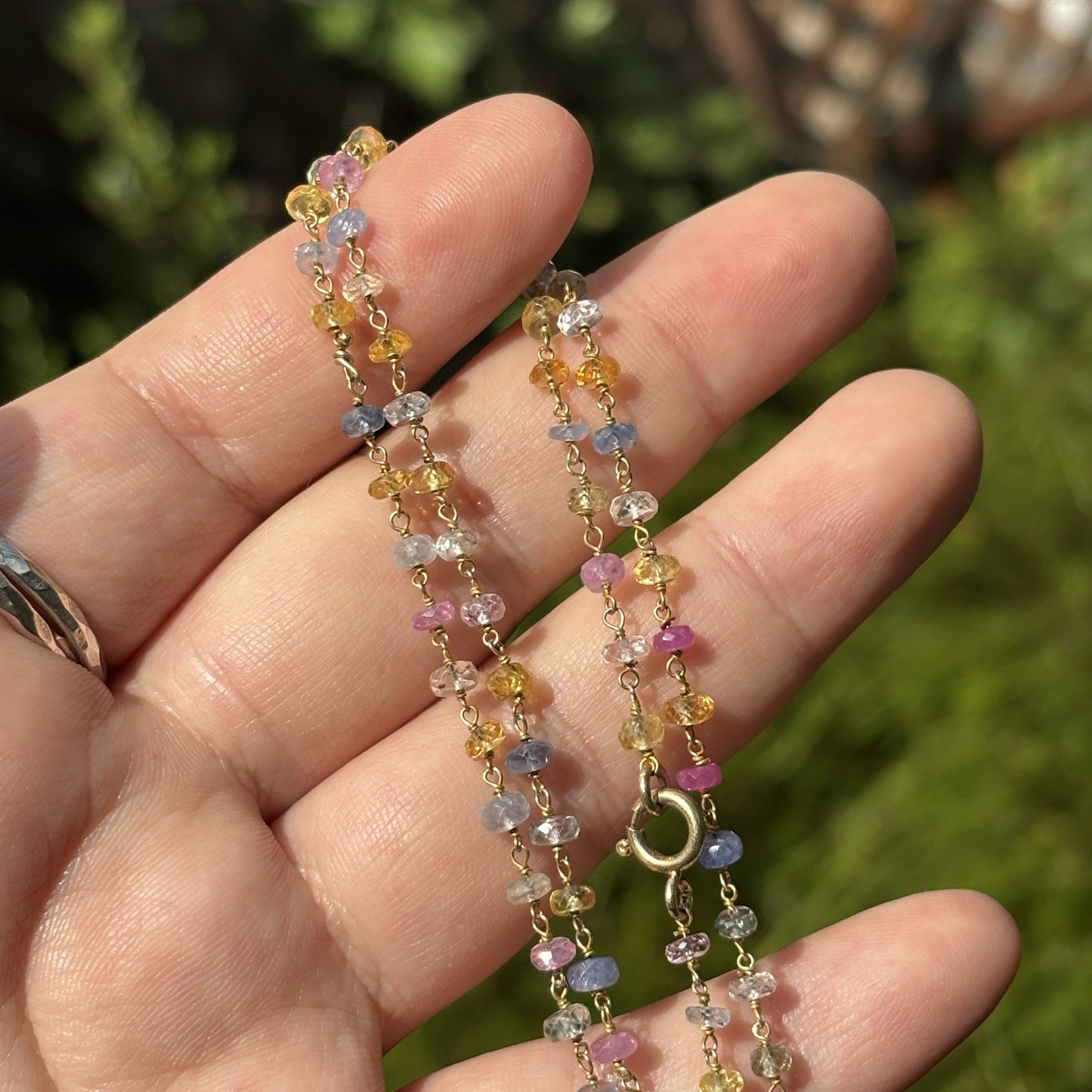 925 Sterling Silver Multi Color Gemstone Single Strand Necklace Gold-tone 18″