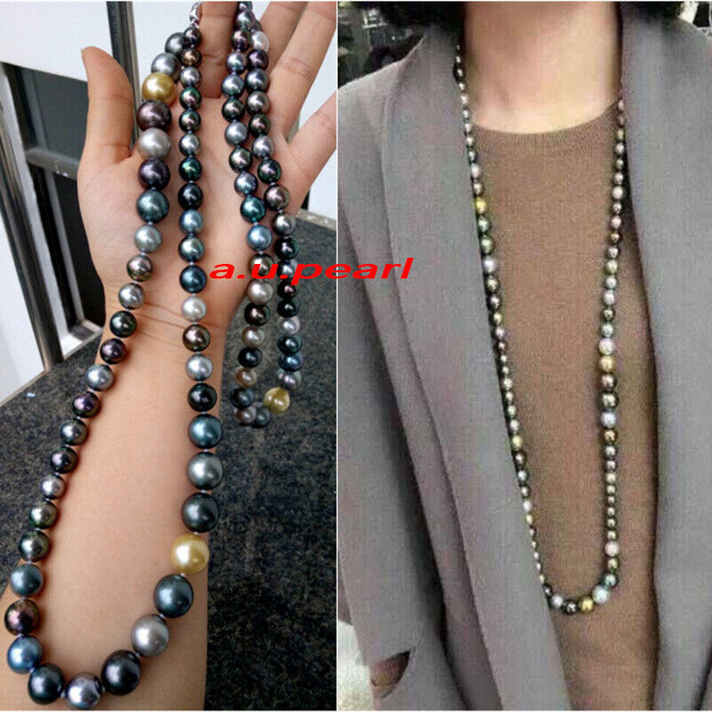 long round AAAAA 48″10-14mm natural South sea Multicolor pearl NECKLACE 14K GOLD
