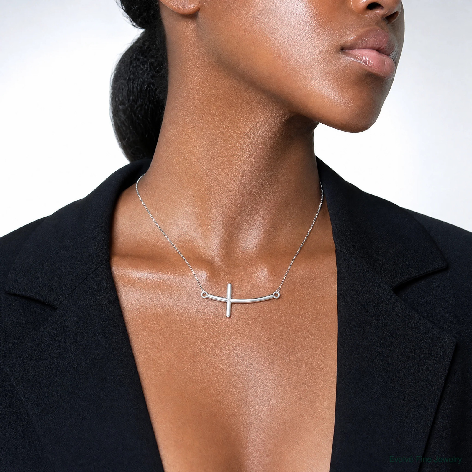 Sterling Silver Rhodium-Plated Large Sideways Curved Cross Necklace