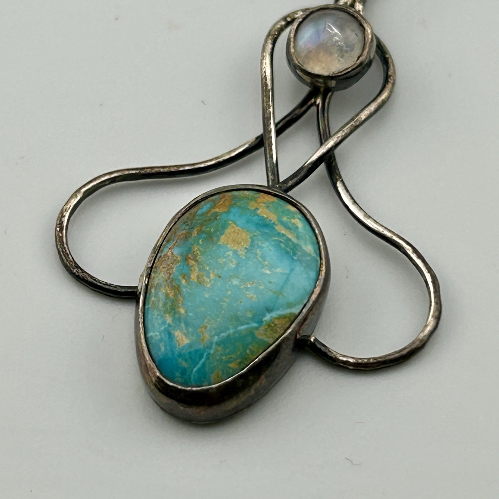 Sterling Pyrite Red/Gold Matix Turquoise & Moonstone Pendant 18″ Chain VTG 7.5g