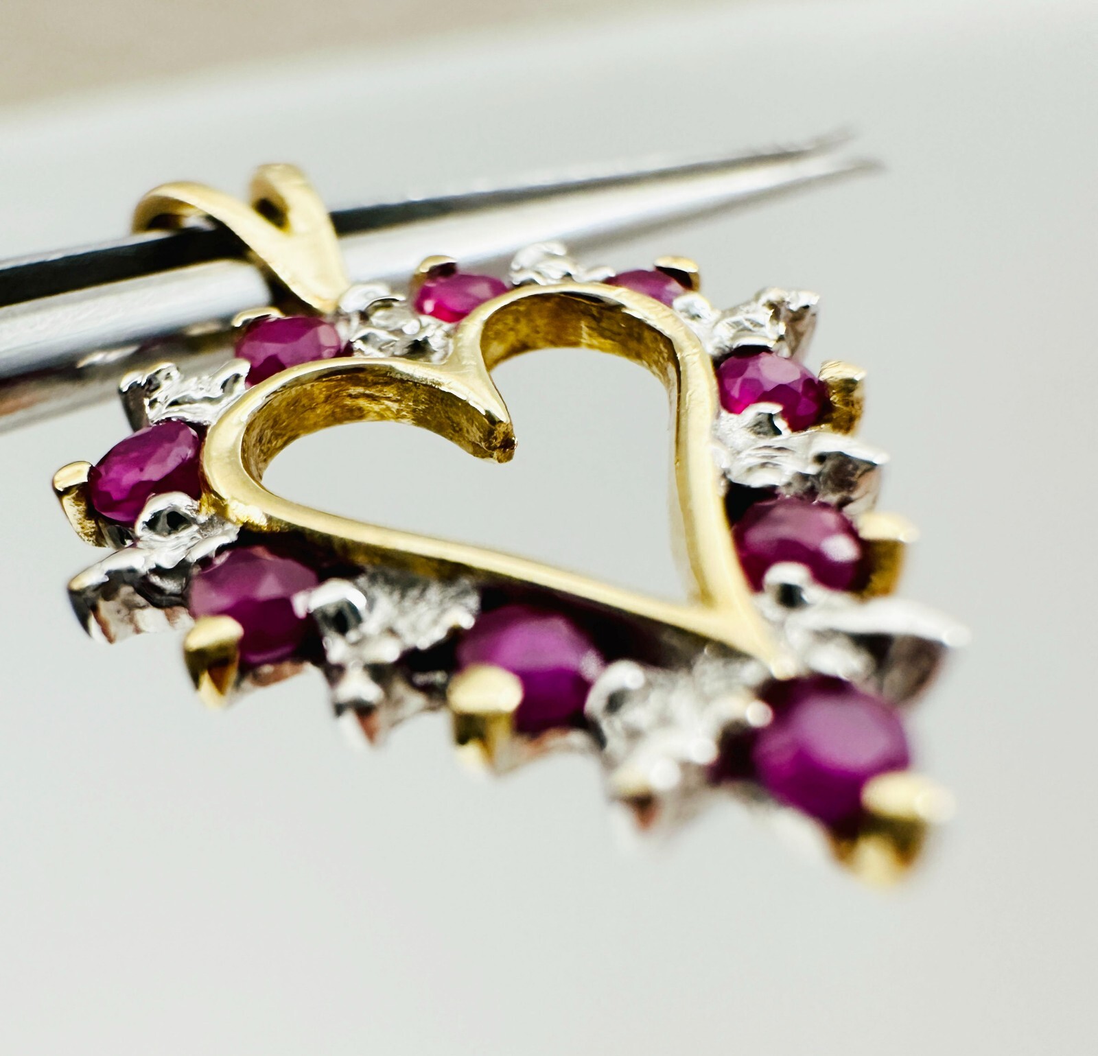 Estate 10K Multi-Tone Gold Ruby w/Diamond Accent Small Heart Pendant 19x13mm