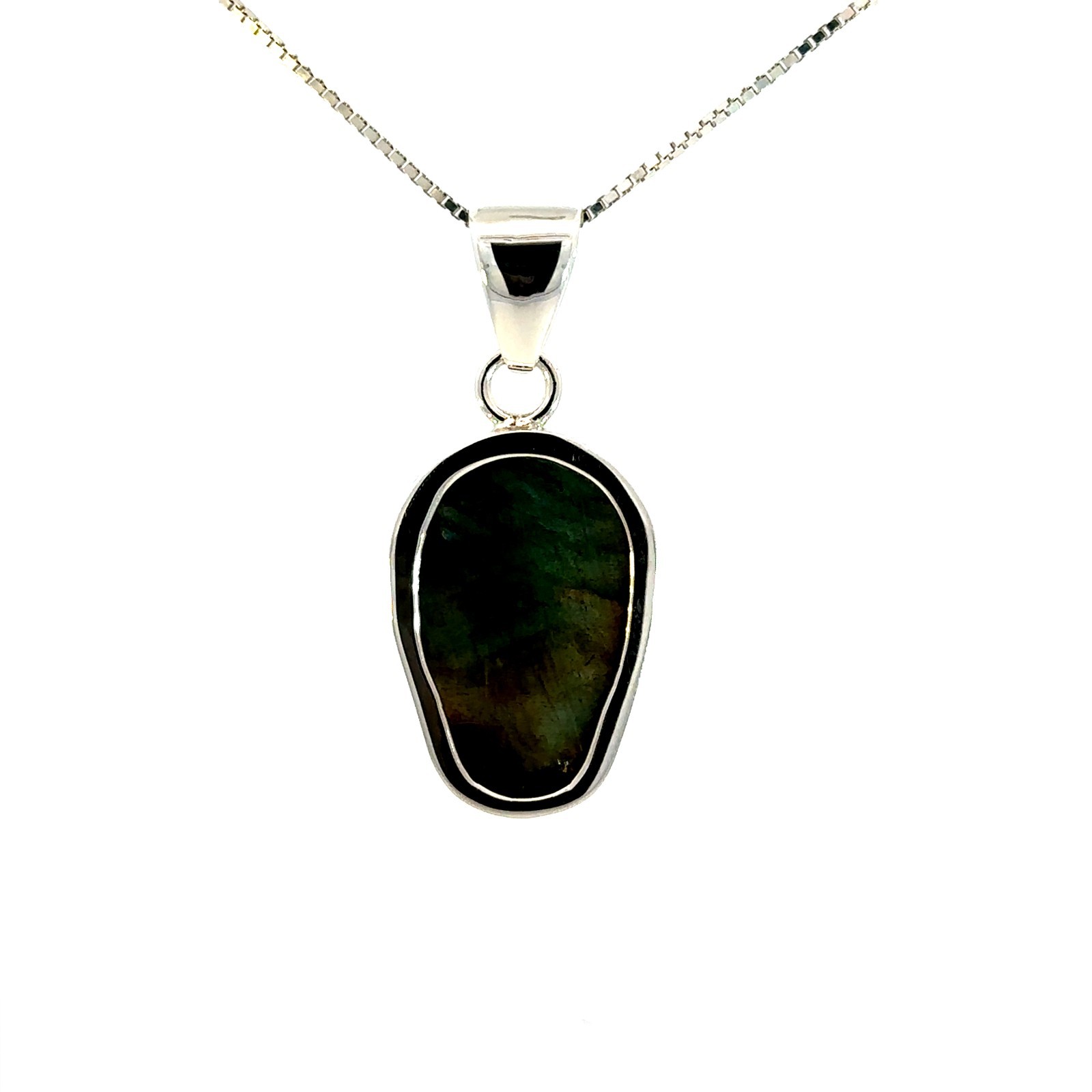 Sterling Silver Labradorite Skull Pendant (Charles Albert) 5/8 x 1 1/2 Inch