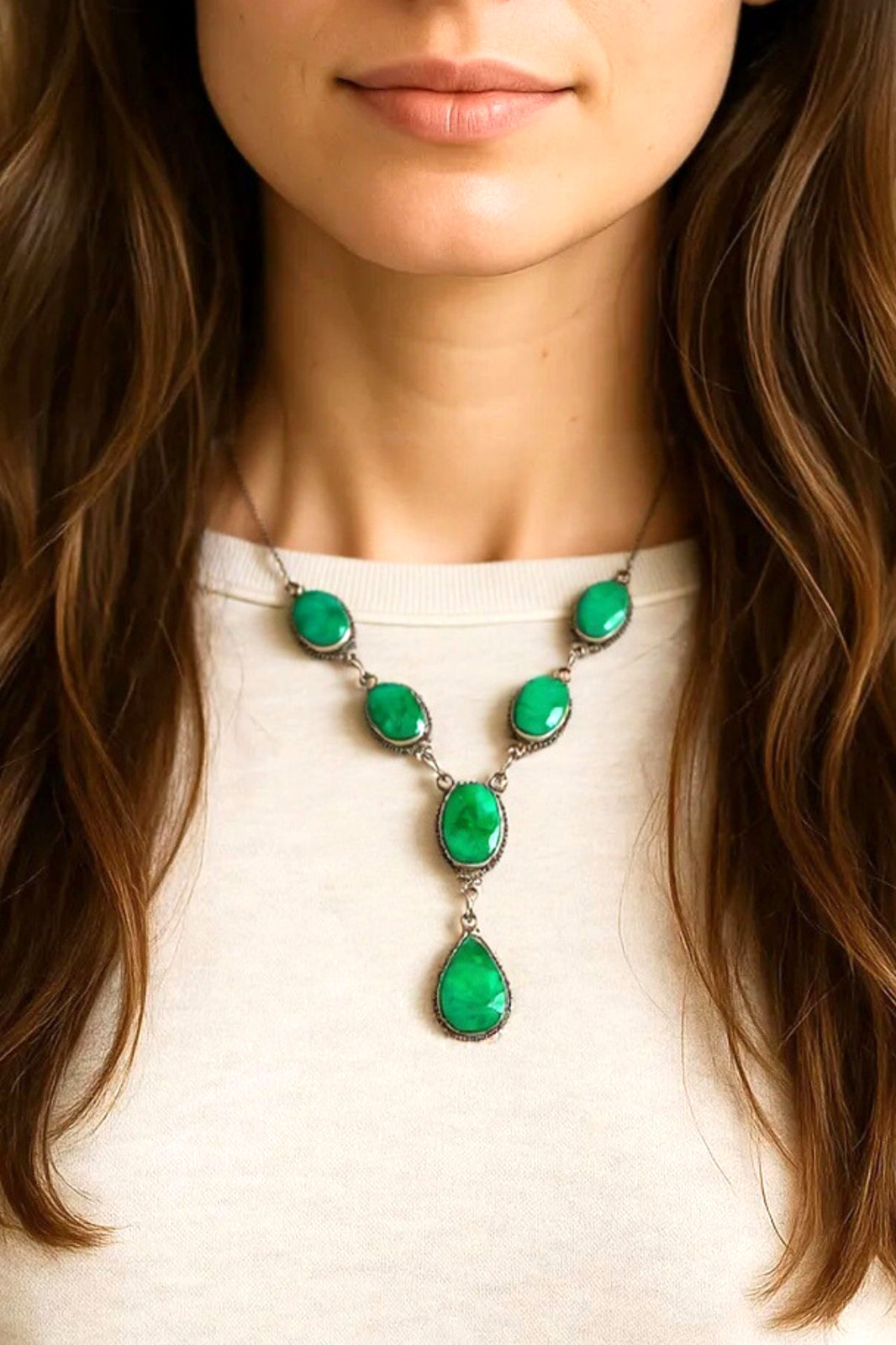 925 Sterling Silver Faceted Raw Emerald Y Drop Necklace 16-17″ 26.94 Grams