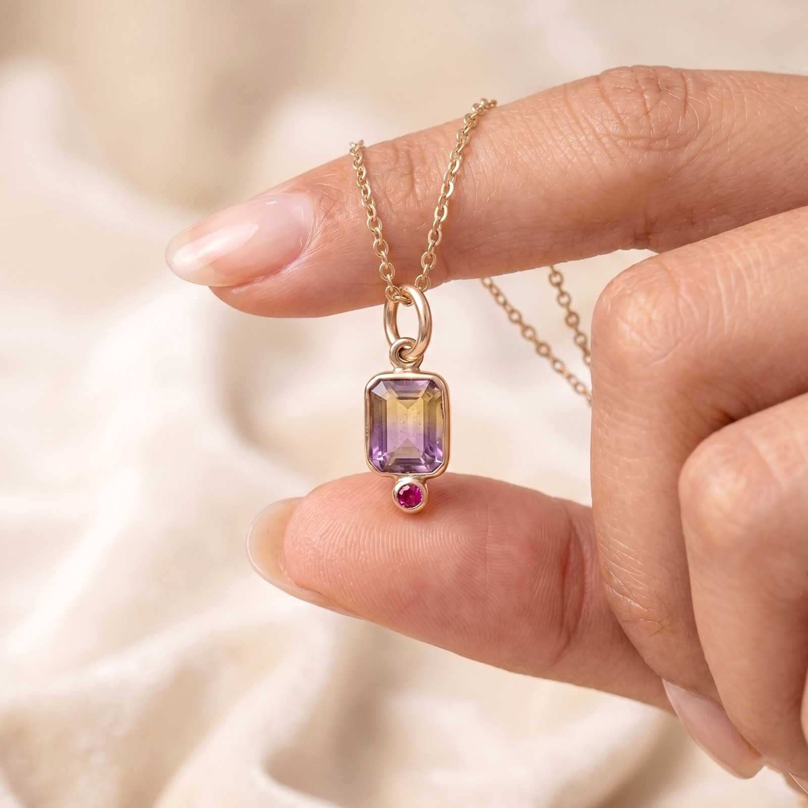 Natural Ametrine & Ruby Pendant For Necklace/Bracelet, 14k Gold Pendant Gift Mom