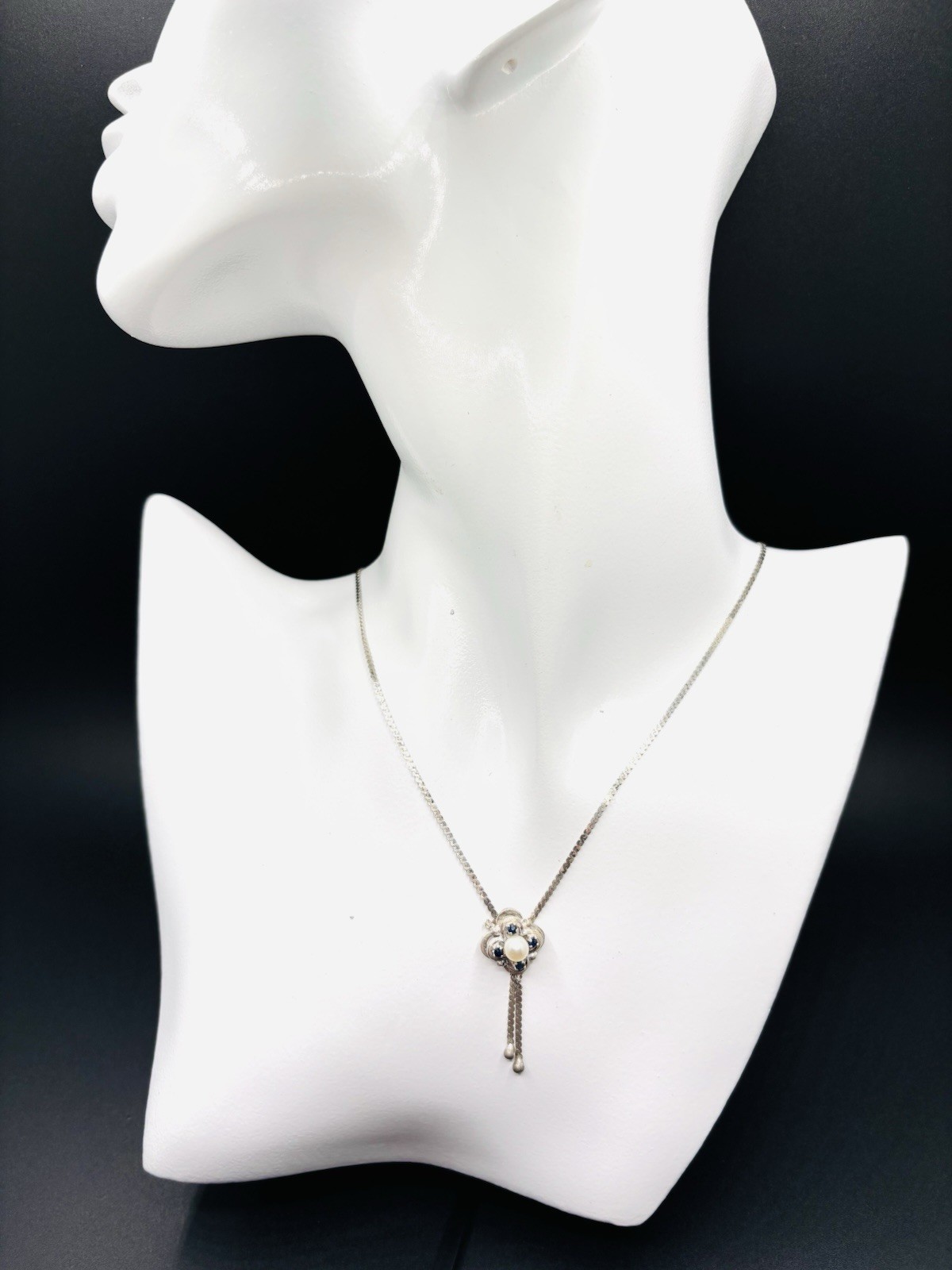 Vintage 835 German Silver Genuine Sapphire & Pearl Pendant Necklace 16.5”
