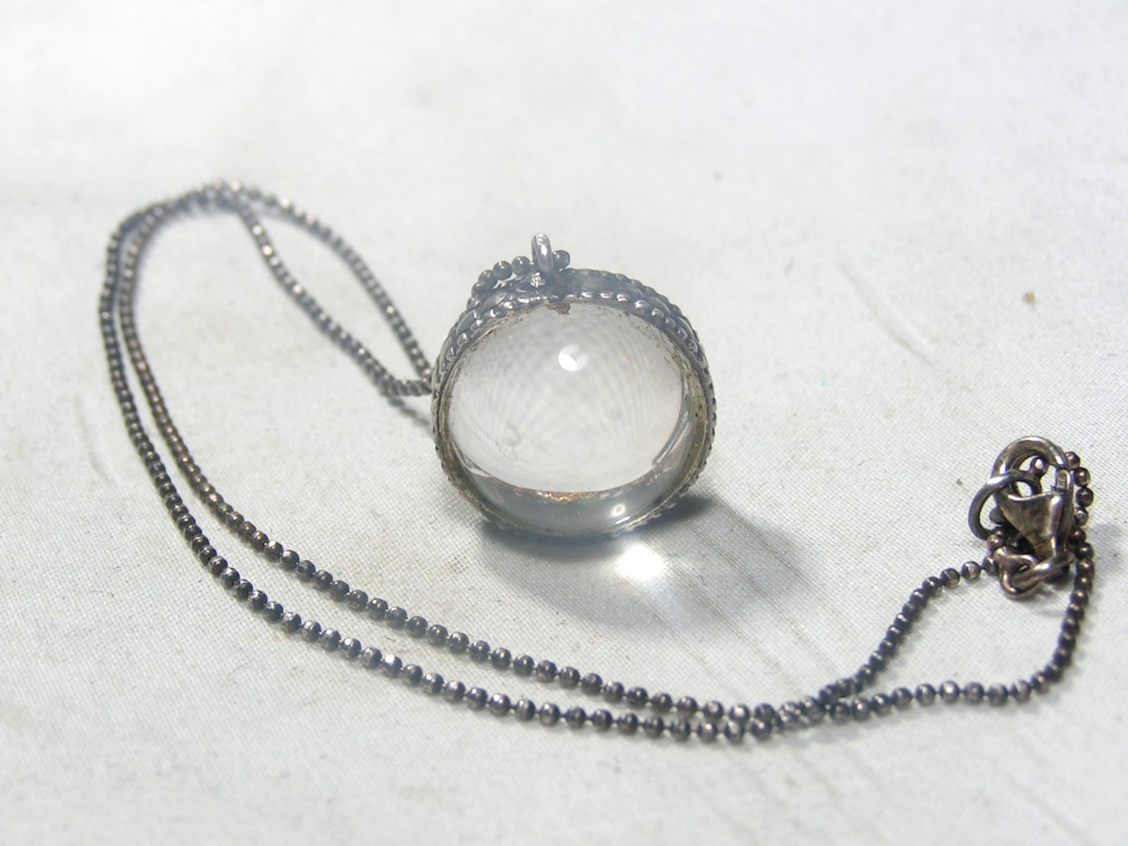 Vintage Sterling Silver, Rock Crystal Quartz Pool Of Light Ball Pendant Necklace