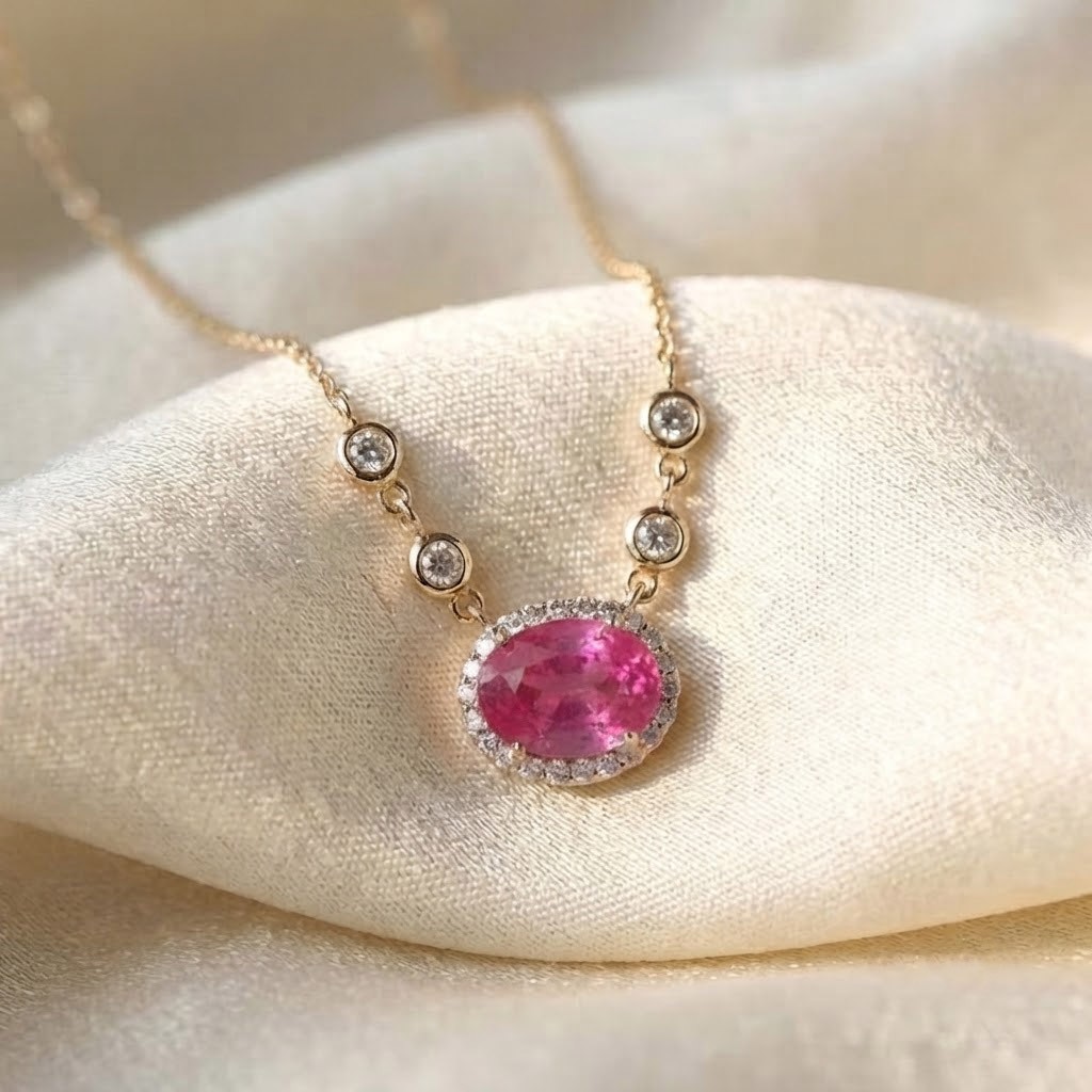 Natural Pink Sapphire &Diamond Chain Necklace, 14KYellow Gold Anniversary Gift