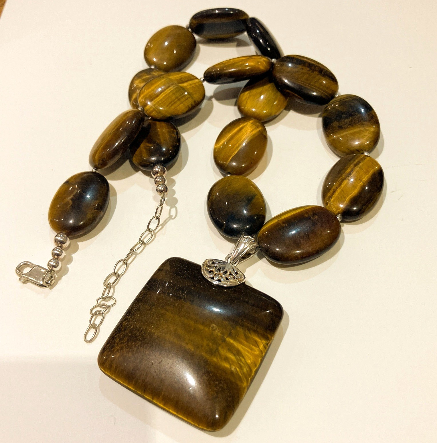 Vintage Aluma Tiger’s Eye Statement Necklace 925 Sterling Silver Signed AIL