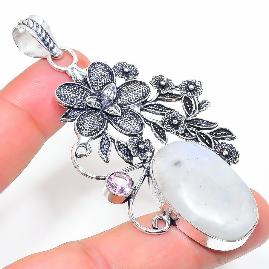Rainbow Moonstone, Kunzite 925 Sterling Silver Gemstone Pendant 2.99″ NS 23805