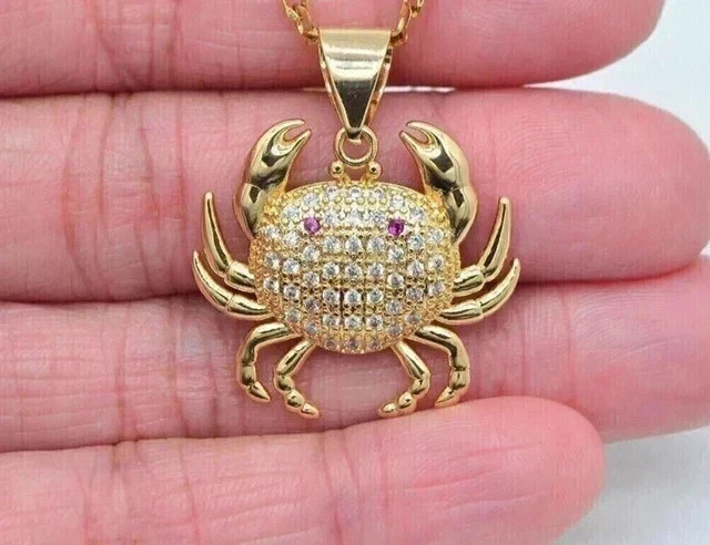 1.5Ct Round Real Moissanite Crab Charm Pendant 14K Yellow Gold Plated Free Chain