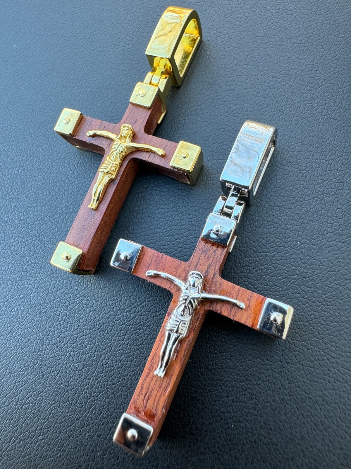 Small Plain Real 925 Silver & Natural Wood Jesus Cross Pendant Necklace 1.25″