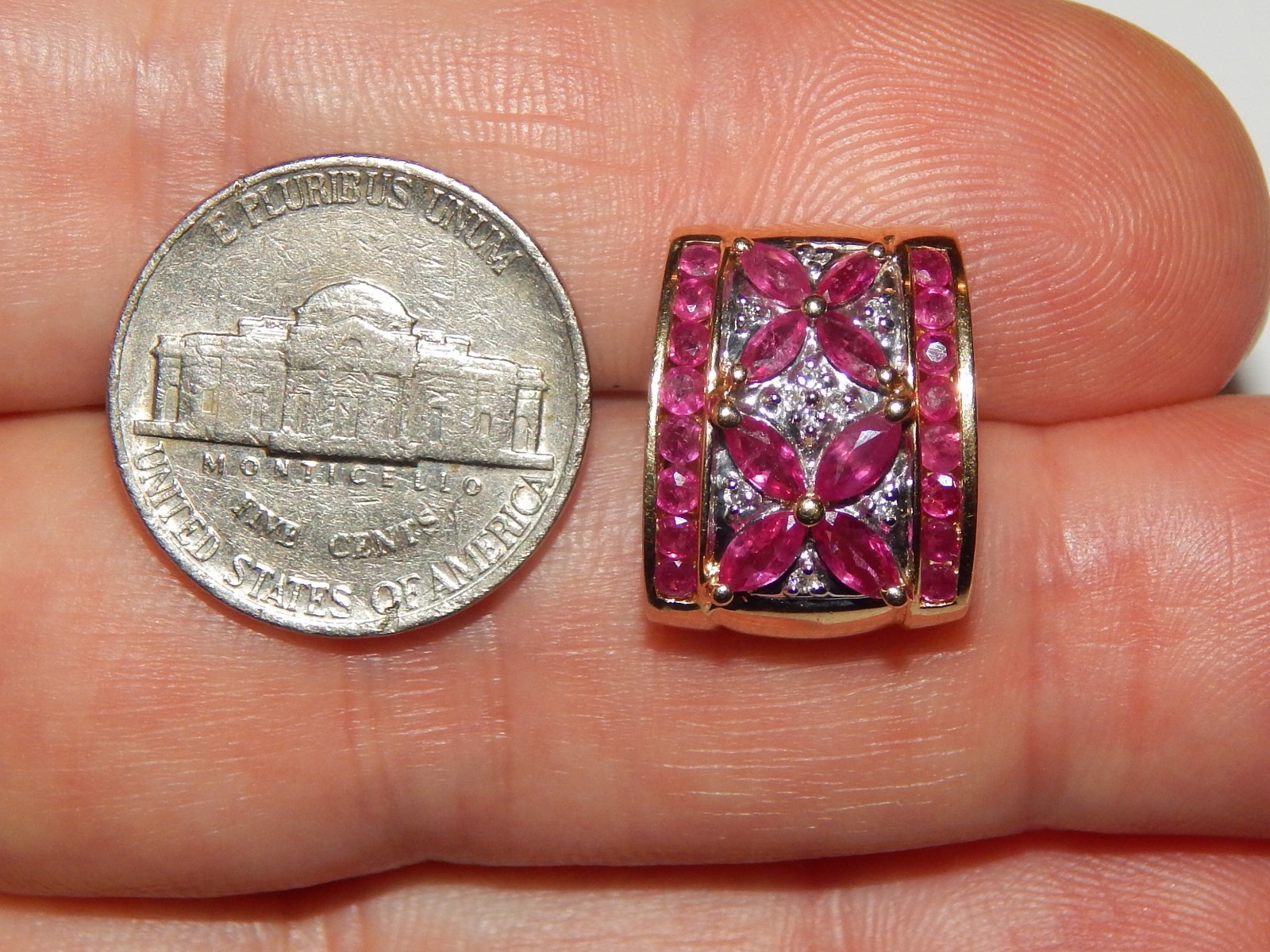 14K YELLOW GOLD RUBY & DIAMOND CHANNEL SET 7/10 INCH SLIDE NECKLACE PENDANT