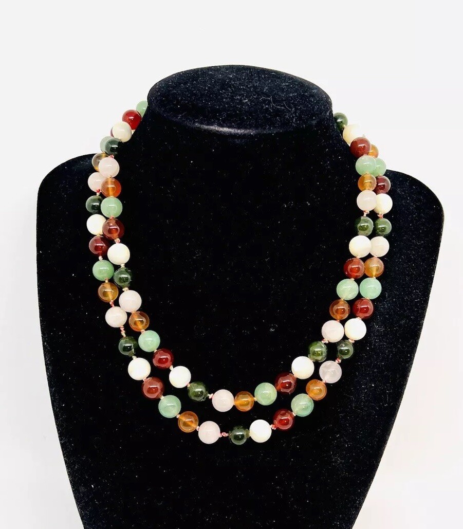 Sterling Silver Carved Multi Gemstone Beaded Necklace 67gm 32 in Vintage Jewelry