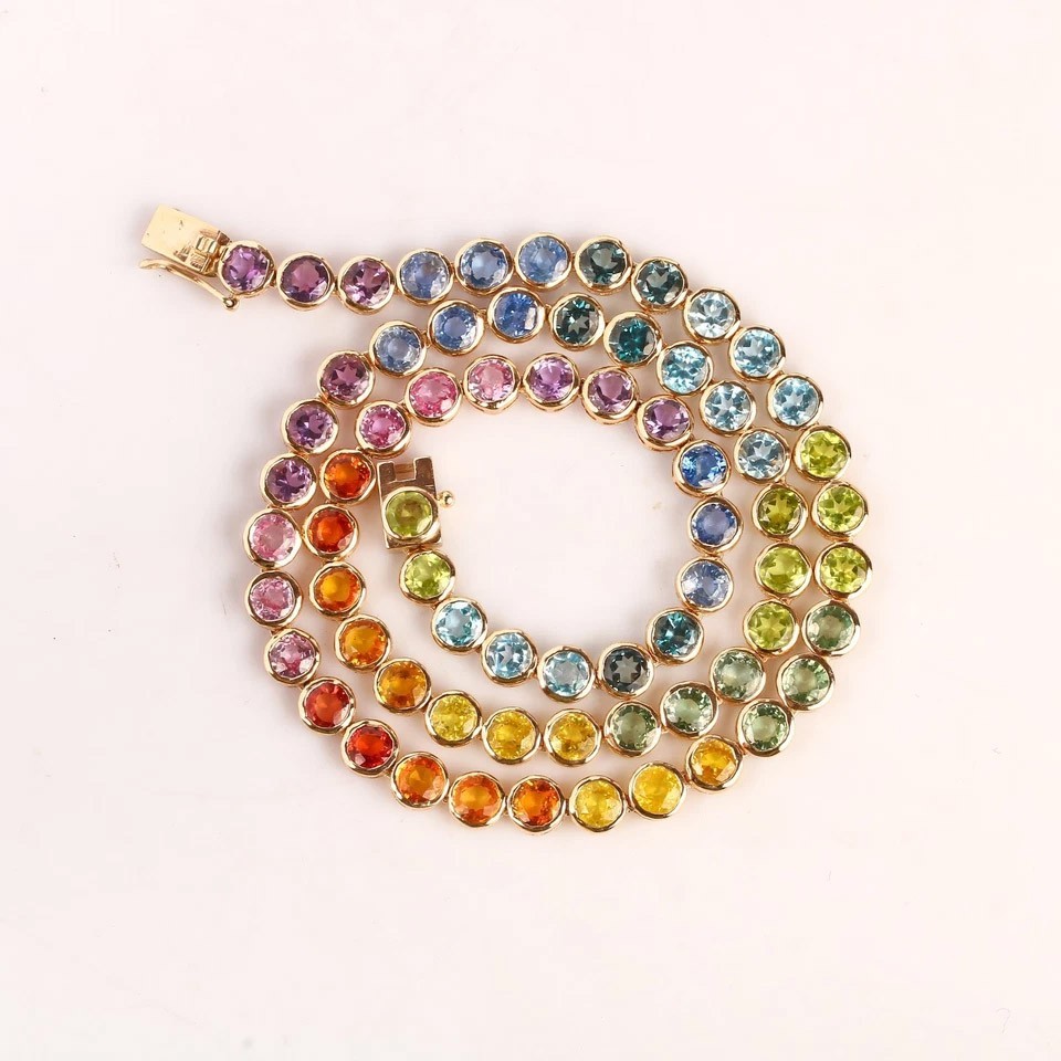Rainbow Sapphire Tennis Necklace Solid 14kYellow Gold Layering Colorful Necklace