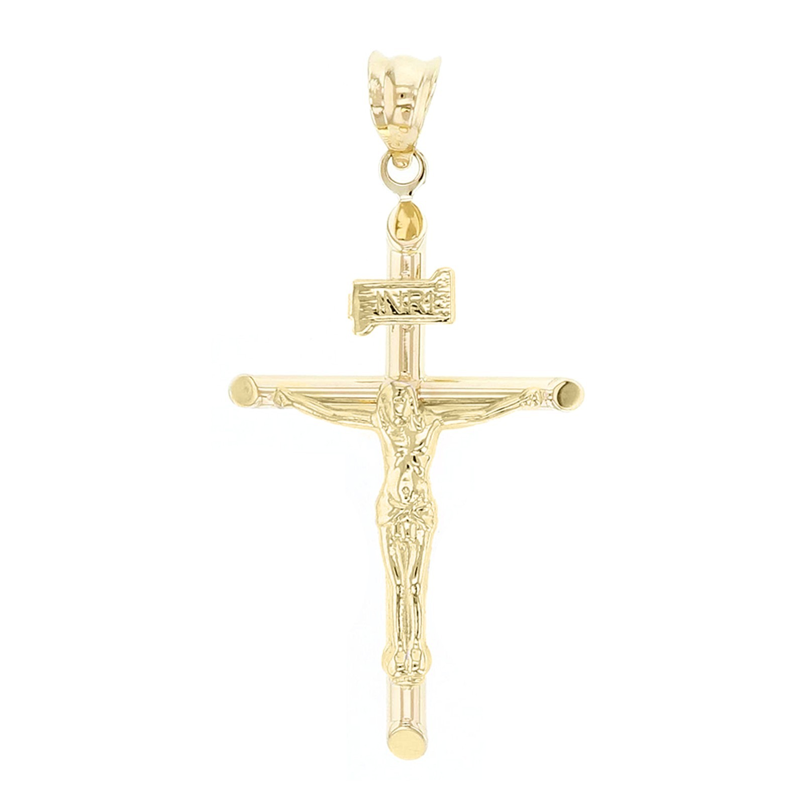 Italian 14k Yellow Gold Hollow INRI Crucifix Cross Charm Pendant 1.4″ 1 grams