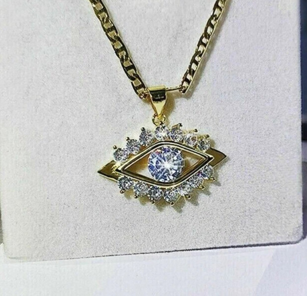 2Ct Round Cut Moissanite Evil Eye Pendant 14k Yellow Gold Plated Cable Chain 18″