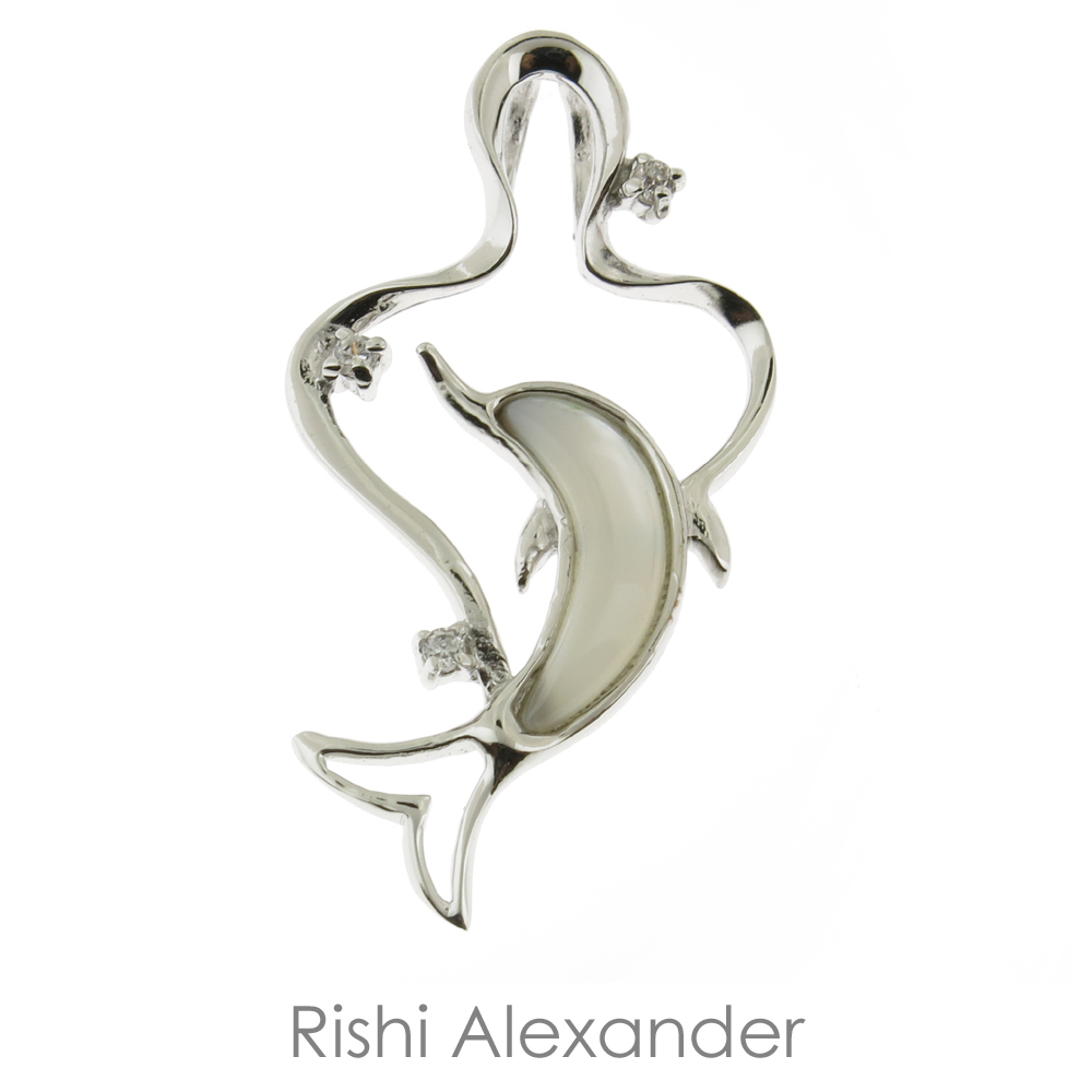 925 Sterling Silver Mother of Pearl Splashing Dolphin Pendant or Necklace