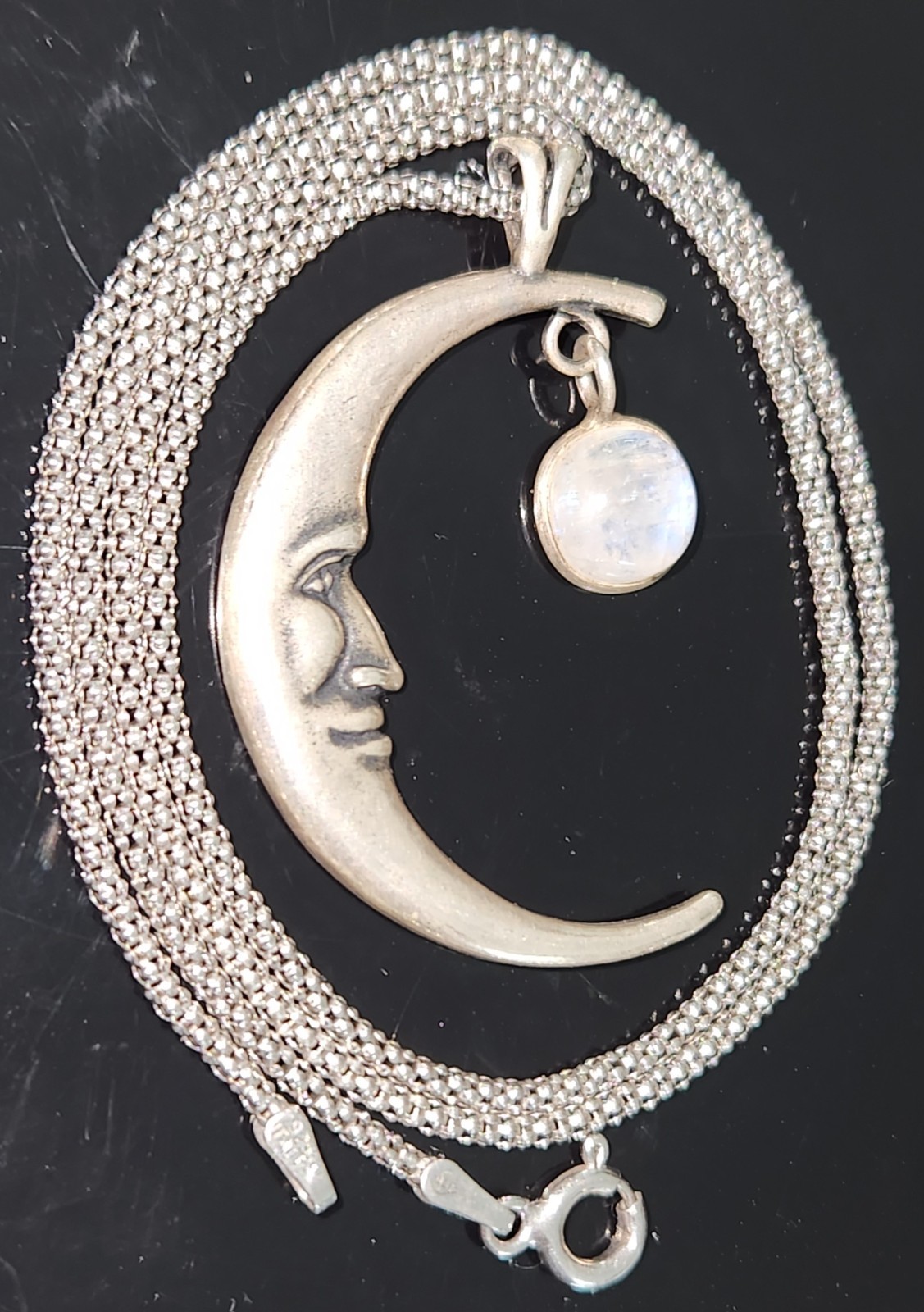 STERLING SILVER CRESCENT MOONSTONE CABOCHON/POPCORN CHAIN NECKLACE MADE ITALY
