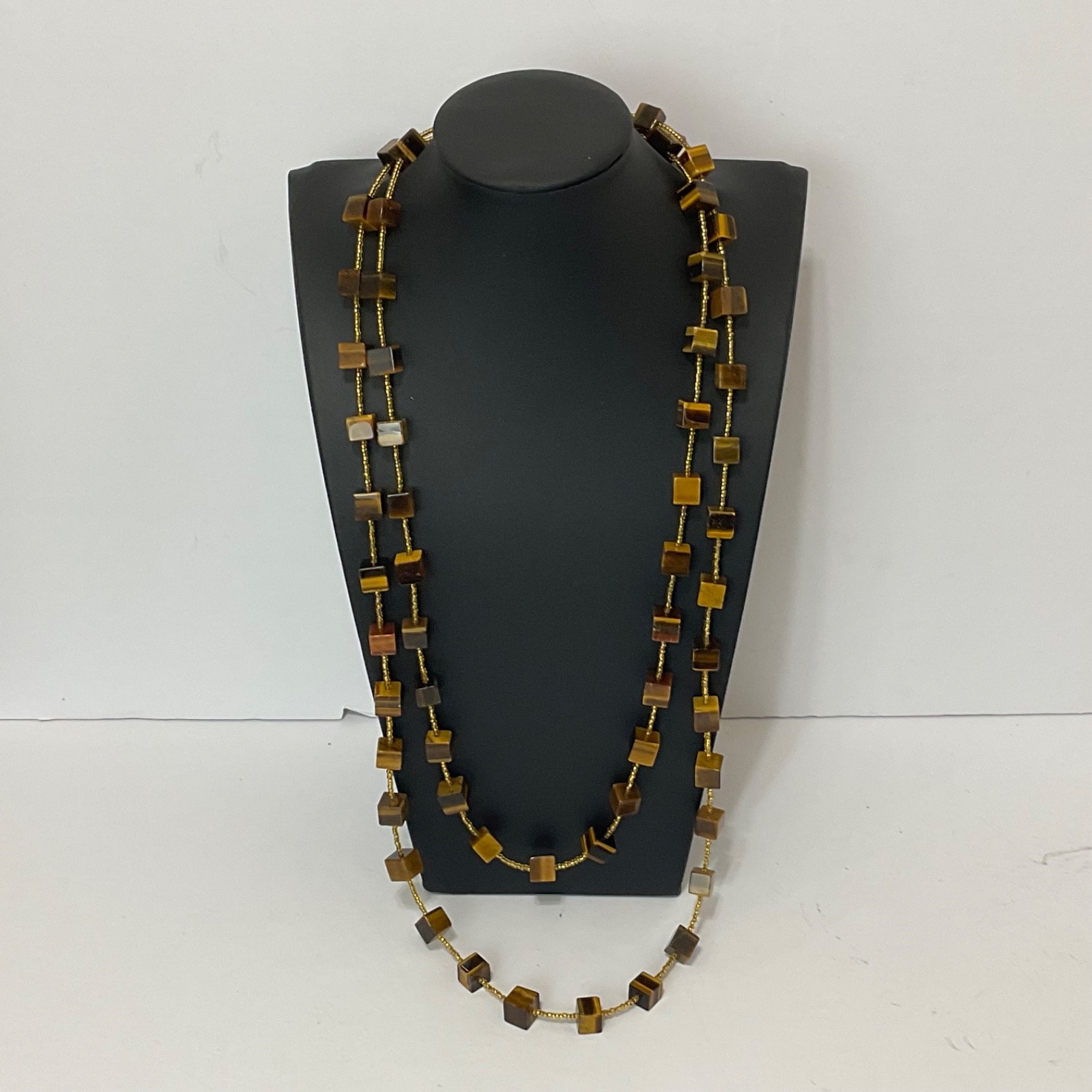 Genuine Tiger’s Eye Cube & Golden Bead Necklace Sterling Silver Toggle 64″ Long