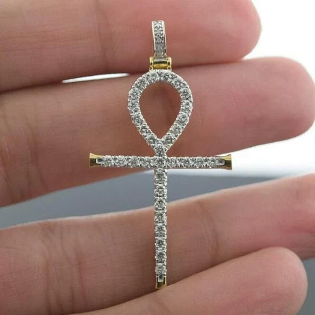 Round Cut Simulated Diamond Unisex Ankh Cross Pendant In 14K Yellow Gold Plated