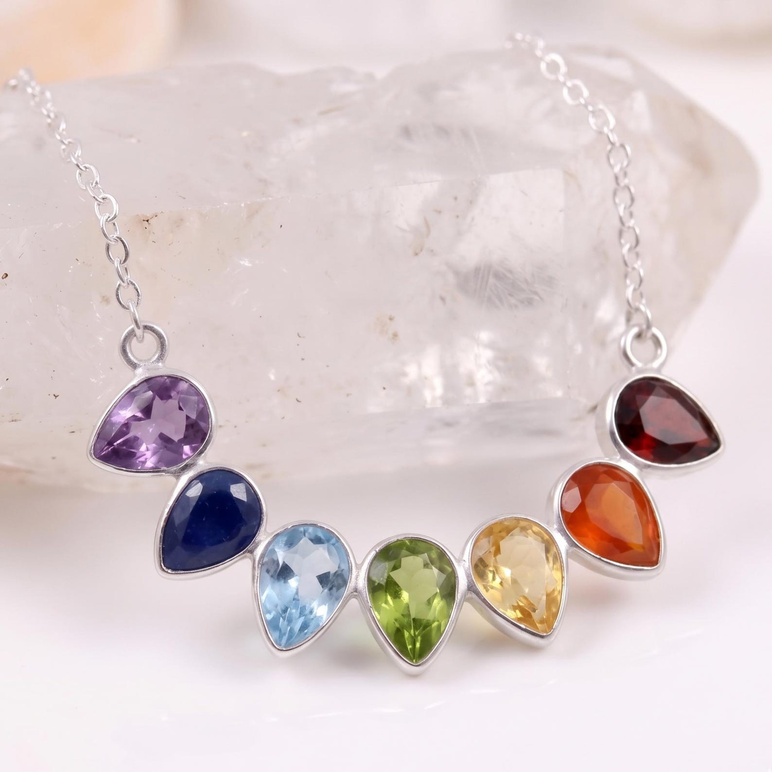 Multi Color Rainbow Gemstone Pendant 925 Sterling Silver Chain Necklace Jewelry