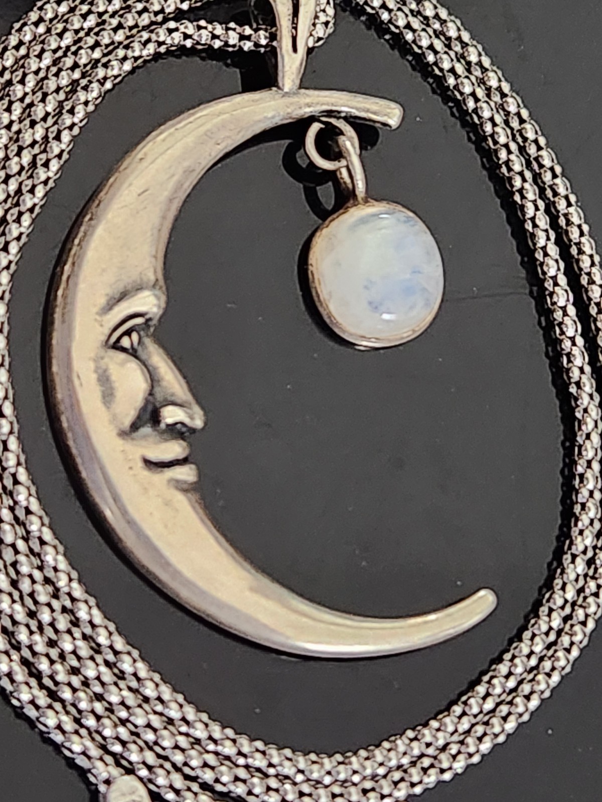 STERLING SILVER CRESCENT MOONSTONE CABOCHON/POPCORN CHAIN NECKLACE MADE ITALY