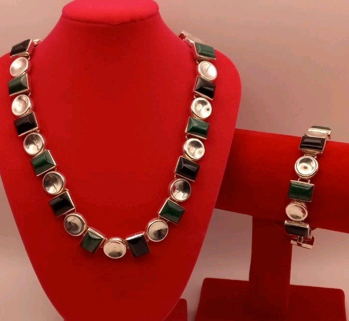 950 Taxco Vintage TL-105 Mexico Necklace & Bracelet set /Onyx & Malachite