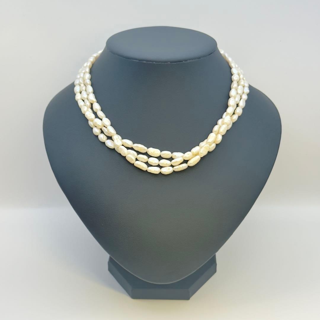 TASAKI 3-Strand Baroque Pearl Necklace 16″ 41cm Triple Row Silver from Japan