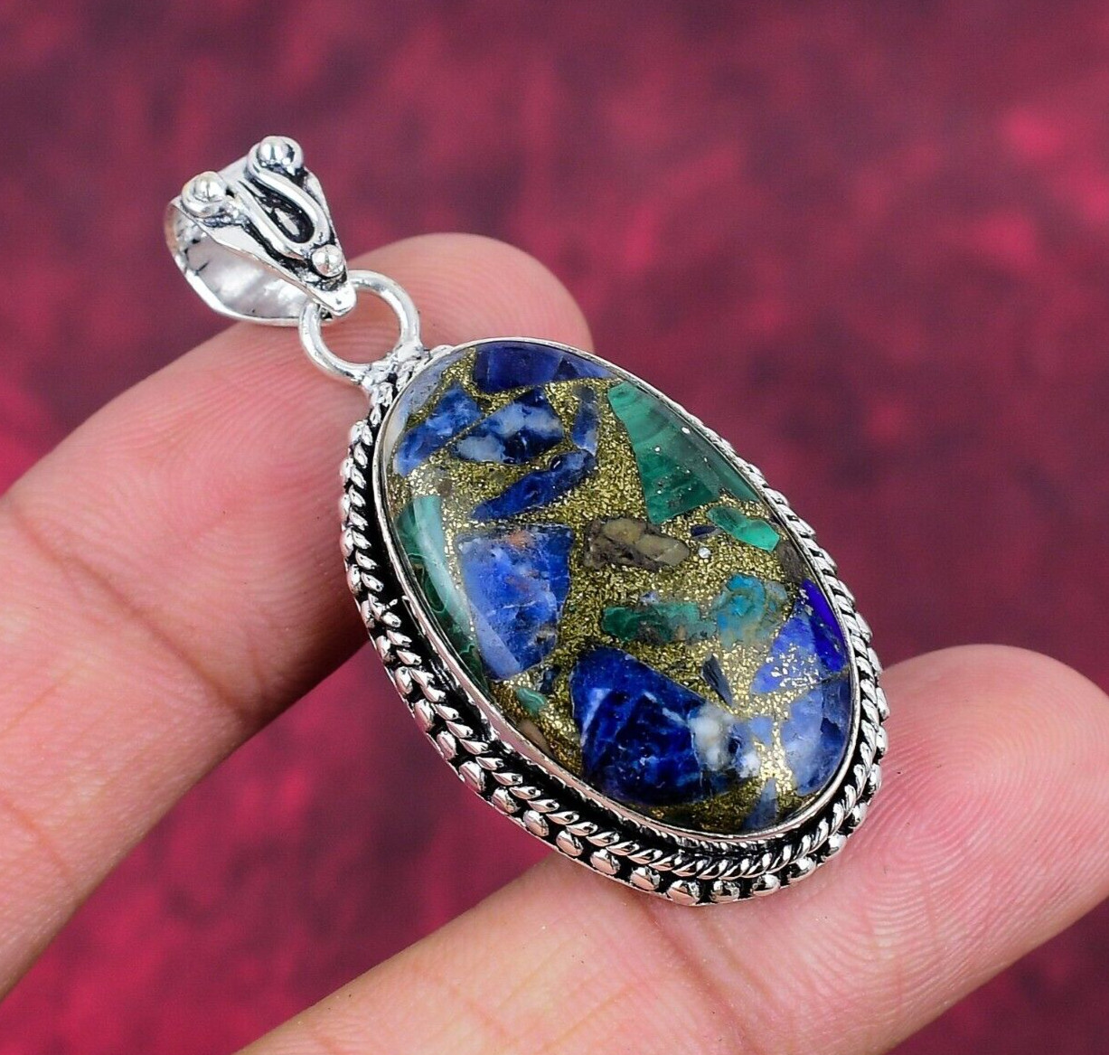 Copper Azurite Malachite Gemstone Handmade 925 Silver Jewelry Designer Pendant