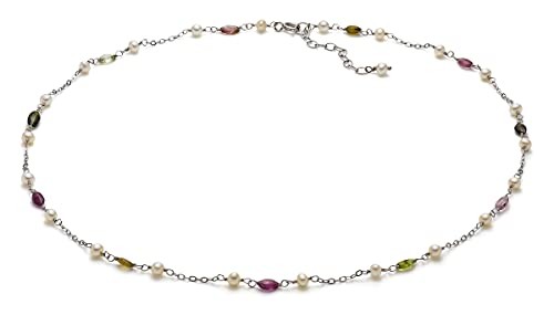 White Freshwater Pearl Tin Cup Necklace 4-5mm Multicolor Topaz Silver 17″-19″