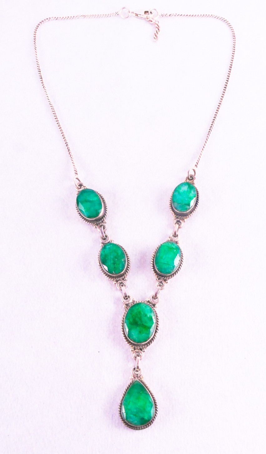 925 Sterling Silver Faceted Raw Emerald Y Drop Necklace 16-17″ 26.94 Grams