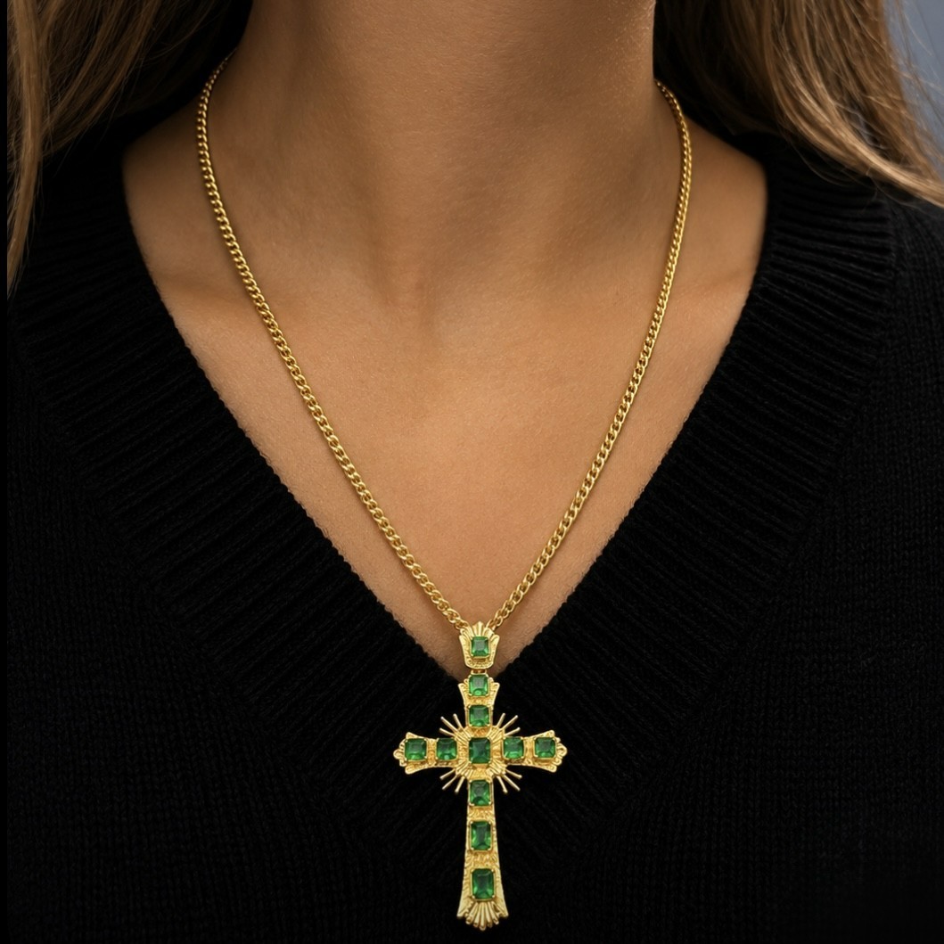 EMERALD CROSS PENDANT – 18K YG – 5 CTW COLUMBIA EMERALD – 21IN CUBAN LINK CHAIN