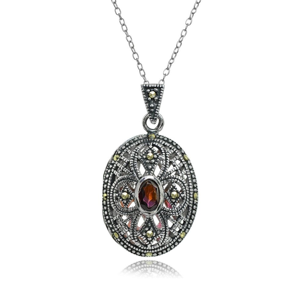 Silver Genuine GARNET Cross Marcasite Locket