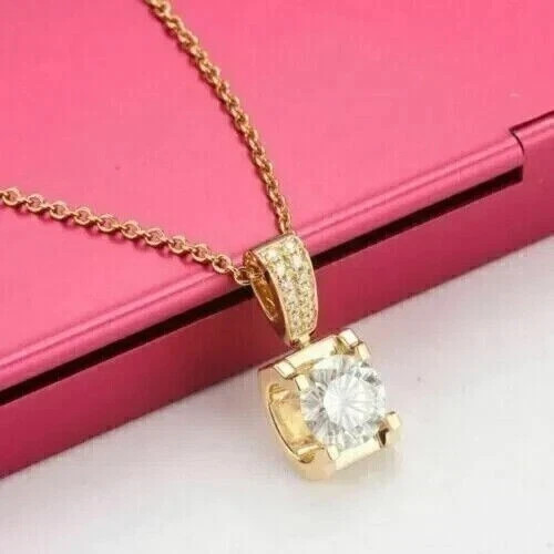 2.00Ct Round Cut Lab-Created Diamond Solitaire Pendant 14K Yellow Gold Plated.