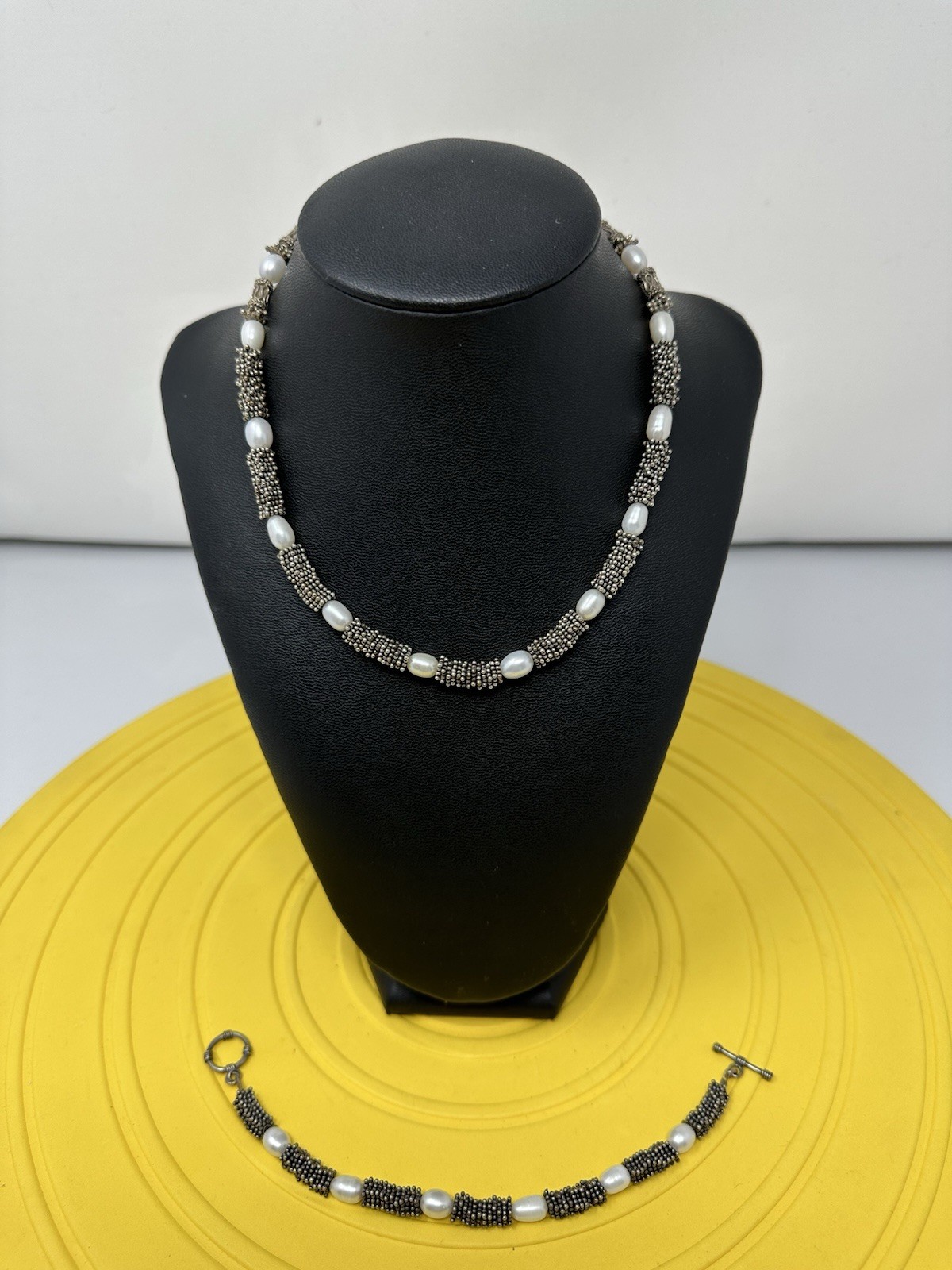 Sterling Silver Natural Pearls Choker Necklace & Bracelet Set Chic 72g 16in 6in