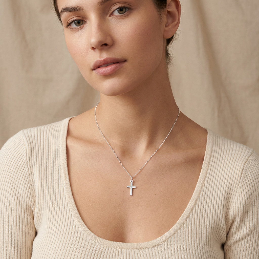Sterling silver plain Cross pendant necklace with 16 inch chain and gift box