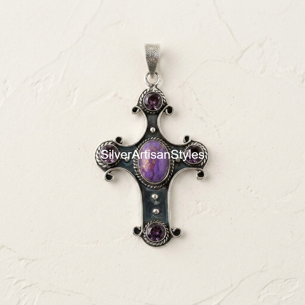 Purple Turquoise, Amethyst Gemstone Handmade 925 Sterling Silver Pendants Gifts