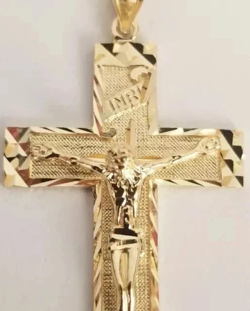 Religion Diamond Cut Jesus INRI Cross Crucifix Pendant 14K Yellow Gold Plated