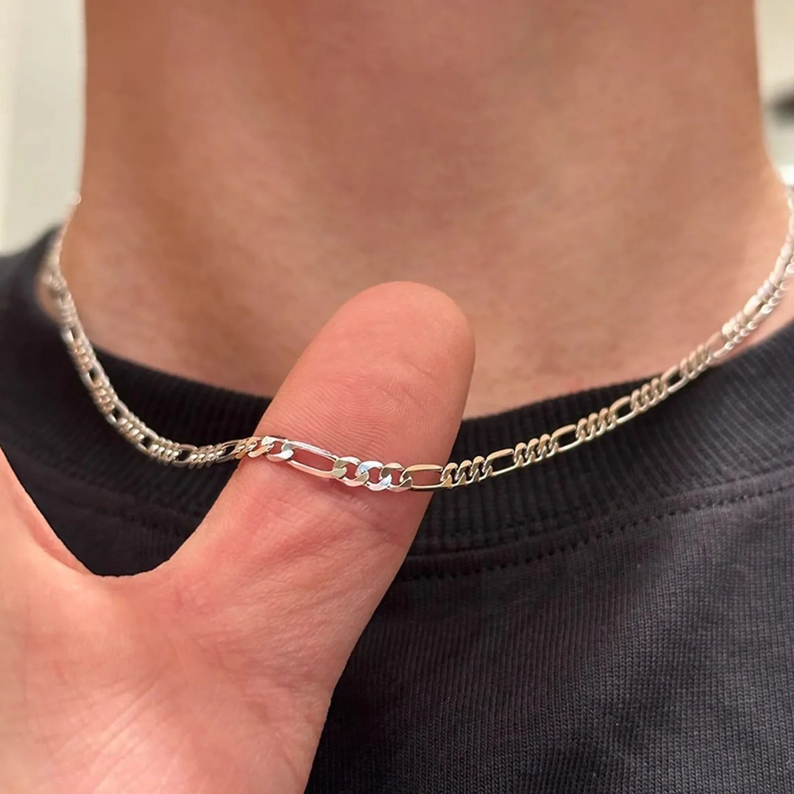 925 Sterling Silver 4MM Figaro Chain Necklace Men Women Fashion Party Jewelry