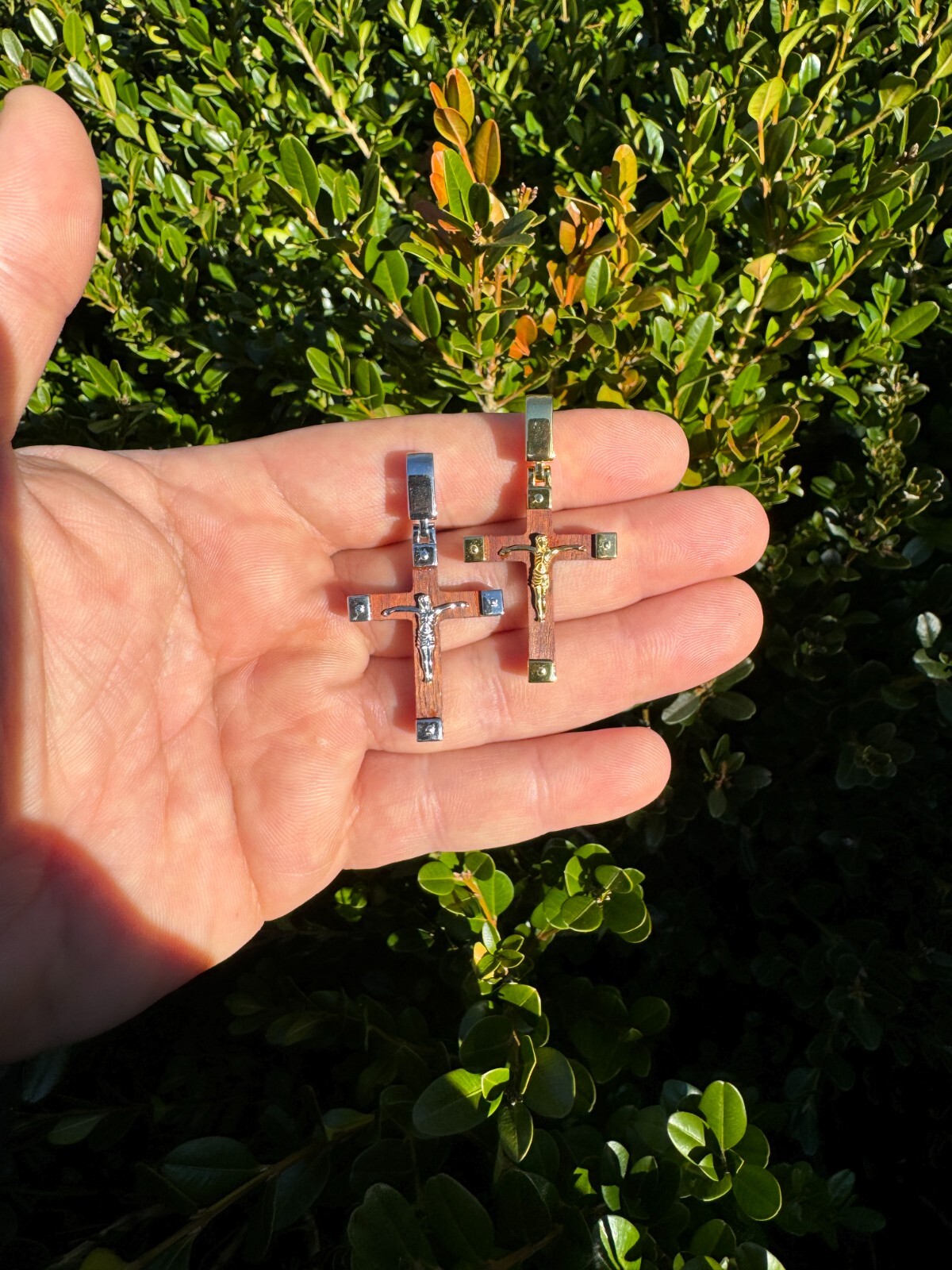 Small Plain Real 925 Silver & Natural Wood Jesus Cross Pendant Necklace 1.25″