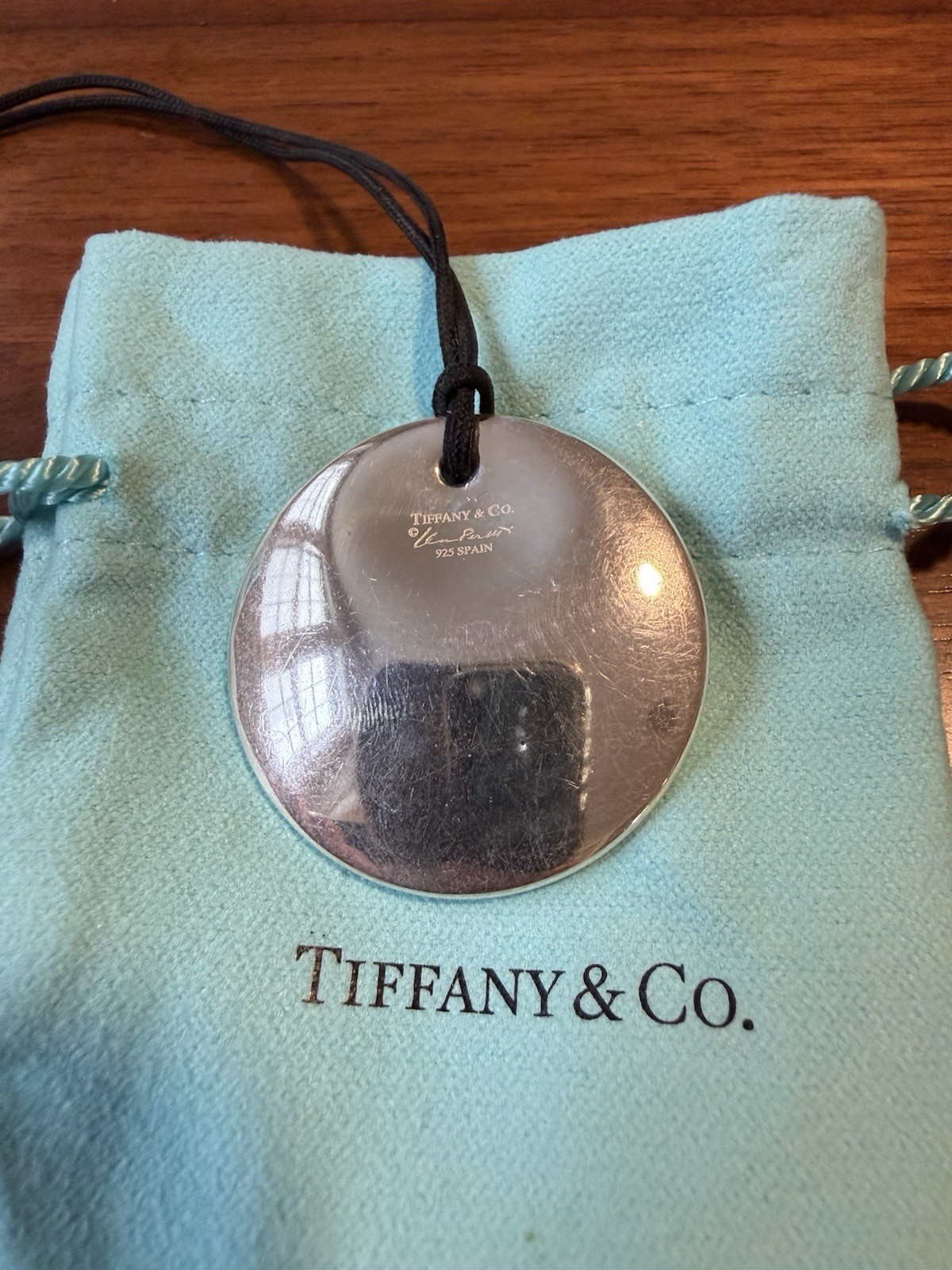 Tiffany & Co. Signed 925 Sterling Silver Round Disc Pendant Black Cord Necklace