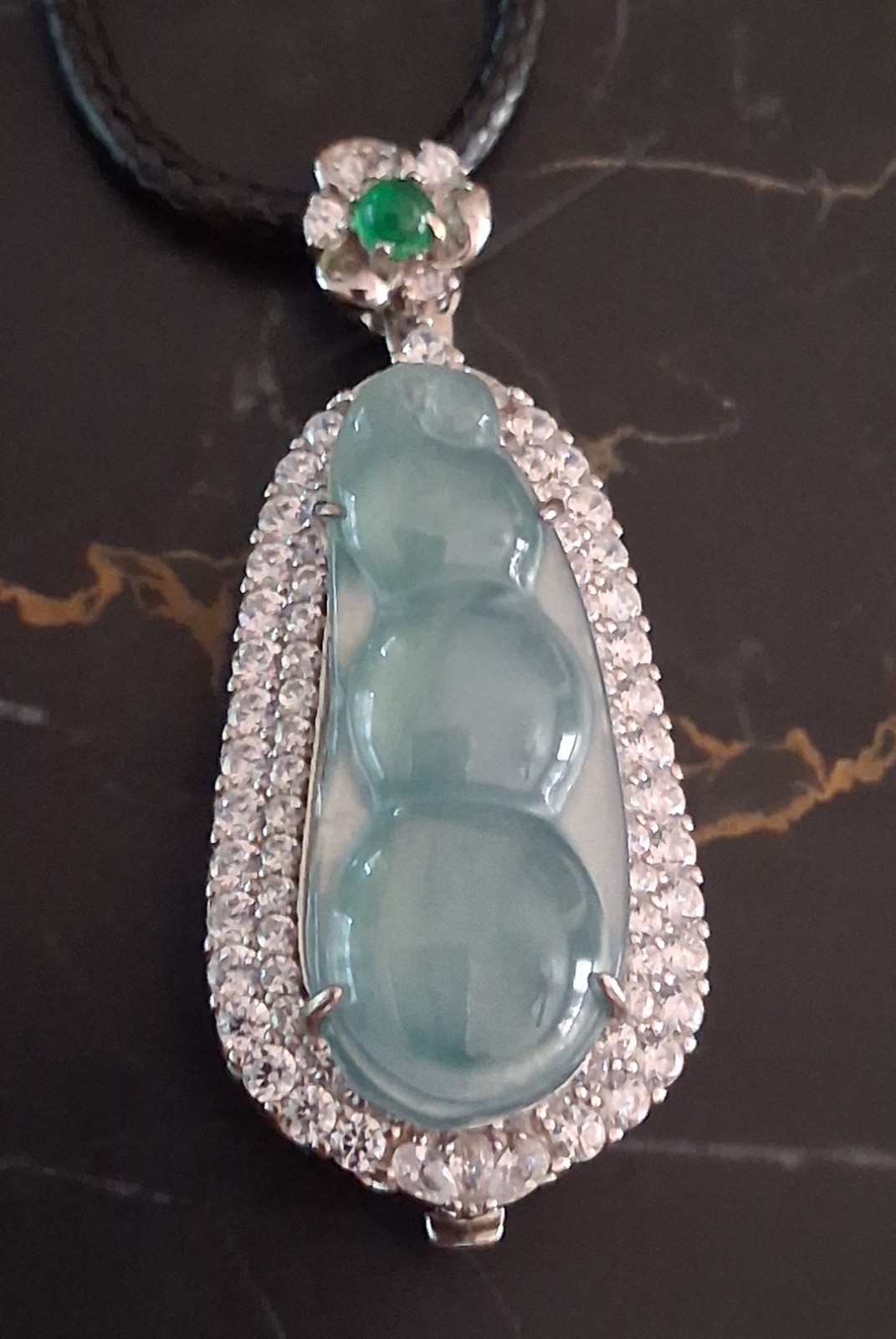 Natural Jadeite Teardrop Pendant Necklace 925 Sterling Silver Black Cord Signed